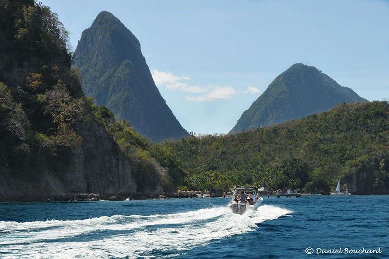 Approaching Anse Chastanet with a view of the Pitons by speedboat on Spencer Ambrose Tours, St. Lucia